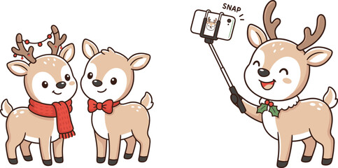 Cute cartoon Christmas reindeer character set with funny deer couple wearing scarf and bow tie taking selfie with smartphone isolated on white © Suchana