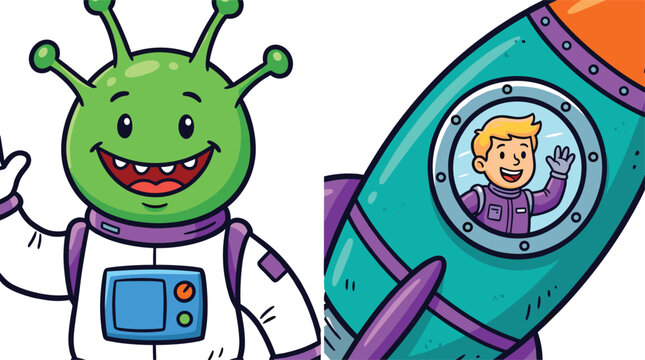 Cute cartoon space character set with green alien mascot in spacesuit and happy boy astronaut waving from rocket window vector illustration