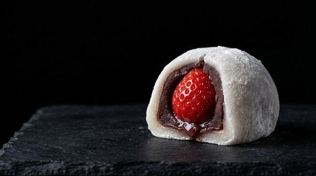 漆黒の背景に美しく映える日本の和菓子、いちご大福。真っ白なお餅と艶やかで瑞々しい苺の断面が、ドラマチックな陰影で浮かび上がるクローズアップ写真