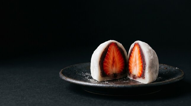 漆黒の背景に美しく映える日本の和菓子、いちご大福。真っ白なお餅と艶やかで瑞々しい苺の断面が、ドラマチックな陰影で浮かび上がるクローズアップ写真