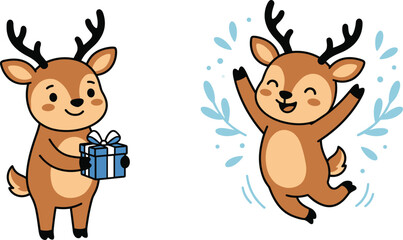 Cute cartoon Christmas reindeer character set with happy deer holding a blue gift box and jumping joyfully isolated on white background vector © Suchana