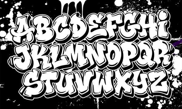 Graffiti Alphabet Font - Complete A-Z Letter Set in Bold 3D Bubble Style with Paint Splatter on Black Background