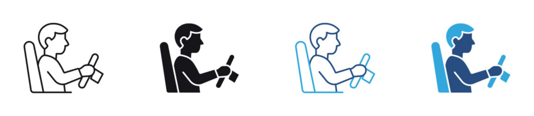 Driving Icon Set.  Driver holding steering wheel symbol, vehicle control, responsible driving concept. Vector illustration. © Icon Atelier