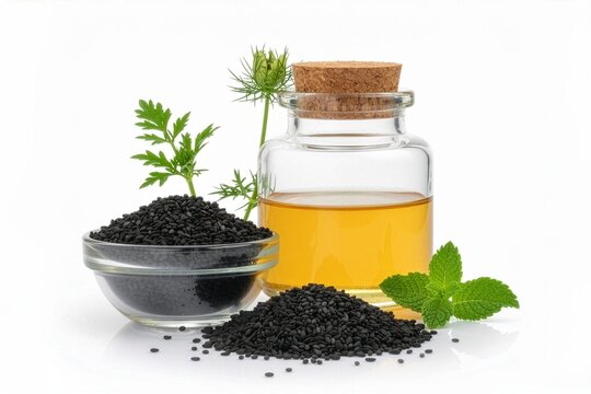 Honey jar with black cumin and flowers isolated on white background