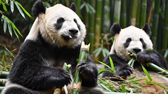Giant Pandas Enjoying Bamboo in Lush Green Forest Habitat.