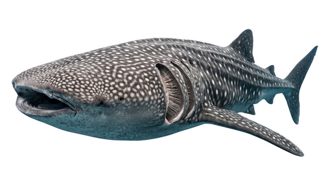 Whale shark swimming with open mouth and spotted skin on transparent background sharks elasmobranch rhincodon typus marine life oceanic sea