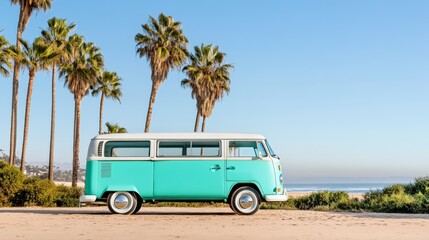 Obraz premium Turquoise vintage camper van parked on a sandy beach by the ocean with palm trees and blue sky, representing summer holidays, travel, and wanderlust