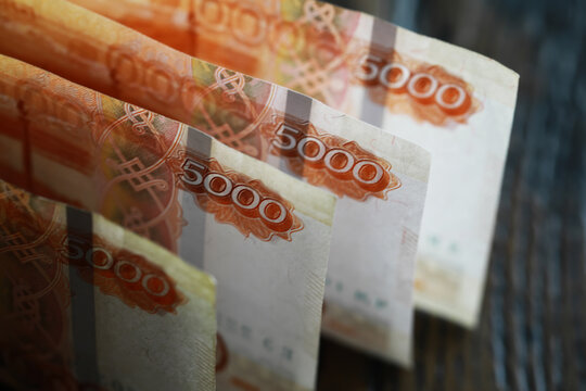 Banknotes with inscription "five thousand rubles". Russian money face value of five thousand rubles. Close-up of Russian rubles . The concept of Finance.Background and texture of money
