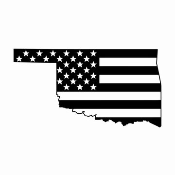 The image features the state outline of Oklahoma filled with a black and white American flag design