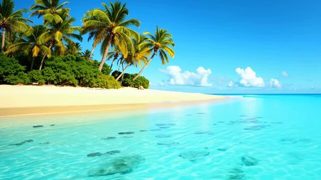 Tropical island beach with palm trees and crystal clear lagoon under blue sky on sunny day