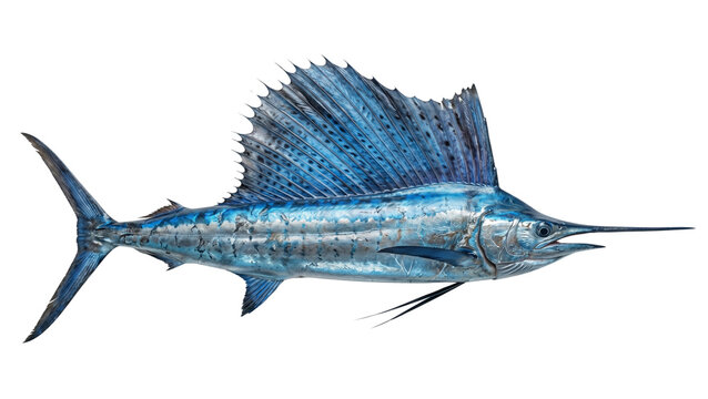 Detailed photograph of a sailfish with a prominent dorsal fin showcasing iridescent scales on transparent background fish marlin oceanic marine
