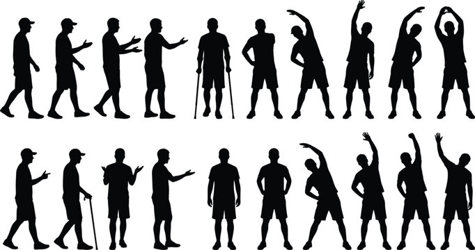 Vector silhouettes of man walking gesturing using crutches cane and doing physical therapy stretching exercises