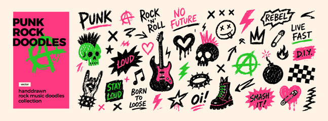 A collection of punk rock doodle illustrations featuring iconic symbols like skulls, guitars, lightning bolts, and slogans. The artwork is energetic and rebellious. © Element Paradise