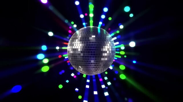 Rotating mirrored disco ball with bright neon lights creating energetic nightclub party atmosphere