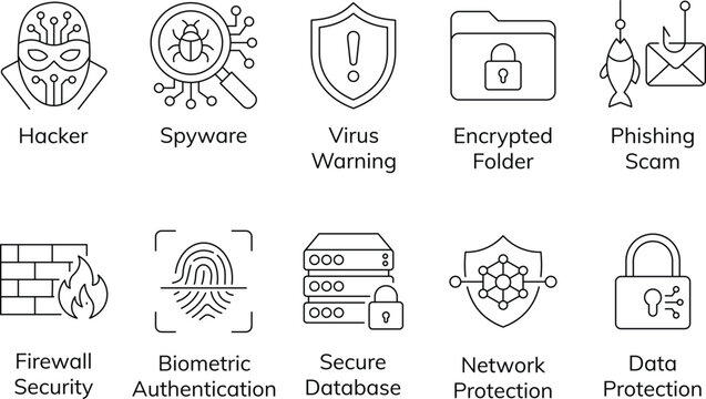 Set of cybersecurity and internet safety icons isolated on a white background. EPS-10.
