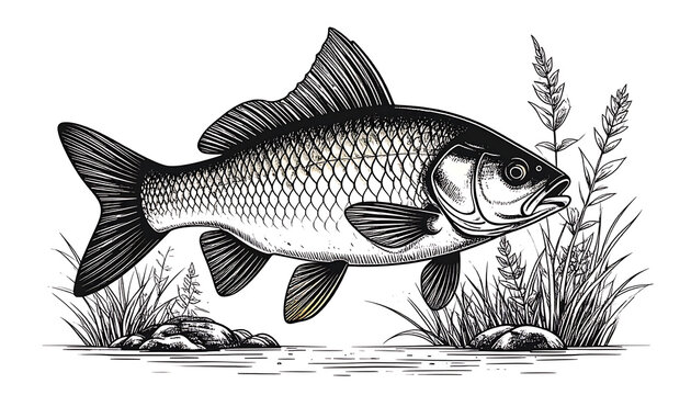 Detailed illustration of a carp fish swimming in aquatic plants and rocks, line art and hatching detail, nature and wildlife concept