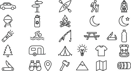 Camping and outdoor recreation line icon set with hiking tent caravan campfire map backpack fishing rod and adventure elements vector illustration collection isolated © MdMahfizur