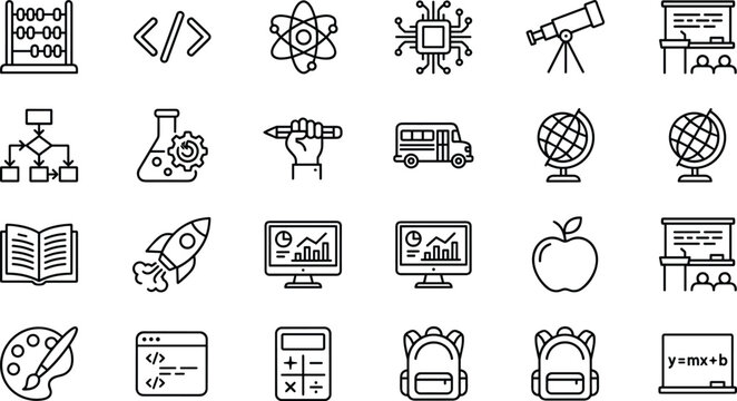 STEM education and back to school science line icon set with computer programming atom rocket classroom backpack telescope and calculator vector illustration isolated on white