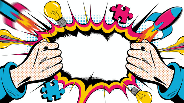 Comic book style background with hands pulling apart a speech bubble, featuring rockets, light bulbs, and puzzle pieces