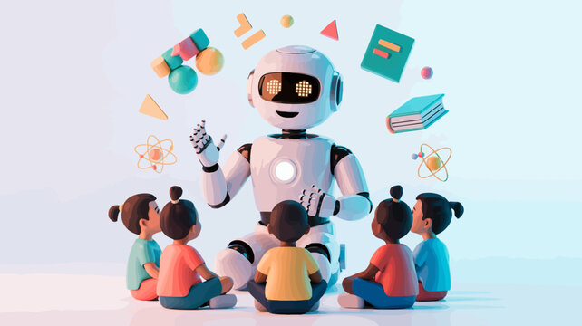 A friendly robot teaching a group of diverse children in a classroom setting with floating educational icons and shapes