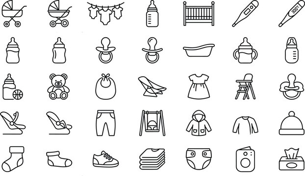 Baby care and newborn infant outline line icon set with stroller crib feeding bottle pacifier clothes and teddy bear isolated on white background vector illustration