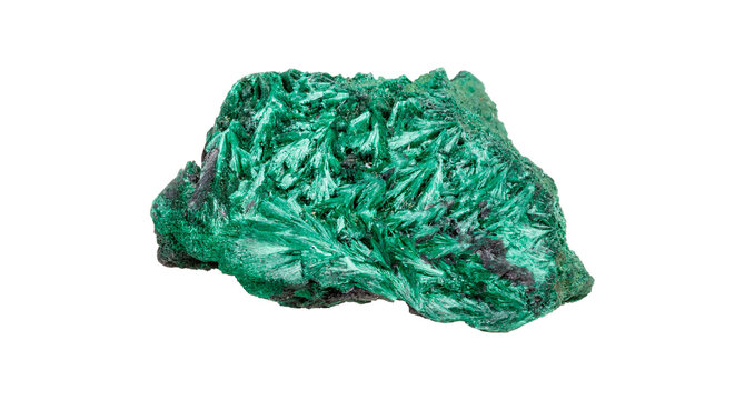 Natural malachite stone with distinctive green copper ore patterns displaying geological mineral structure and raw crystalline matrix formation on isolated backdrop