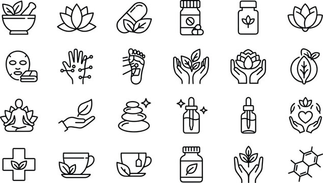 Ayurveda holistic wellness line icon set with mortar pestle lotus flower acupuncture herbal medicine alternative therapy massage drops and spa elements vector illustration collection