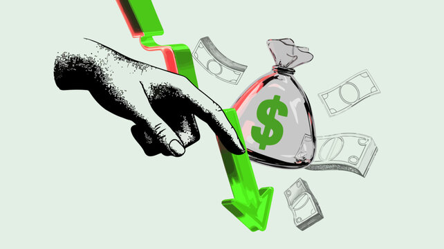 Hand pointing at a green downward arrow with a money bag and floating banknotes representing financial loss, economic decline or budget cuts