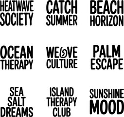 Obraz premium Graphic assets displaying various summer mood phrases in bold sans serif font provide a versatile toolkit for designers creating apparel prints or promotional materials for surf brands.