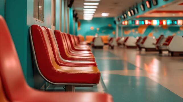 Empty red seating row in a retro bowling alley interior with colorful lights for sport venue background and poster design
