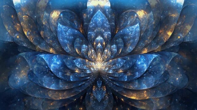 A captivating fractal image featuring a symmetrical floral design with blue and gold hues
