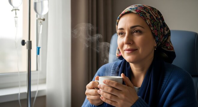 A woman undergoing chemotherapy treatment, wearing a headscarf and holding a warm cup of tea, looking out a window.