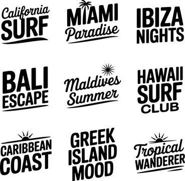 Travel logos displaying names of famous beach destinations like California, Miami, Ibiza, Bali, Maldives, Hawaii, Caribbean, and Greece are arranged in a grid for summer tourism branding assets.
