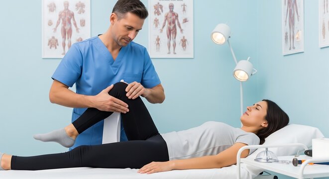A male physiotherapist in blue scrubs gently examines a female patient's knee while she lies on a medical bed in a clinic with anatomical charts on the wall.