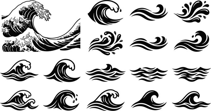 set of ocean wave graphics and icons in black color  various wave designs