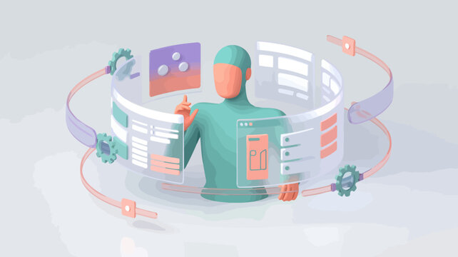 3d illustration of a humanoid figure interacting with a digital holographic interface for data analysis and technology