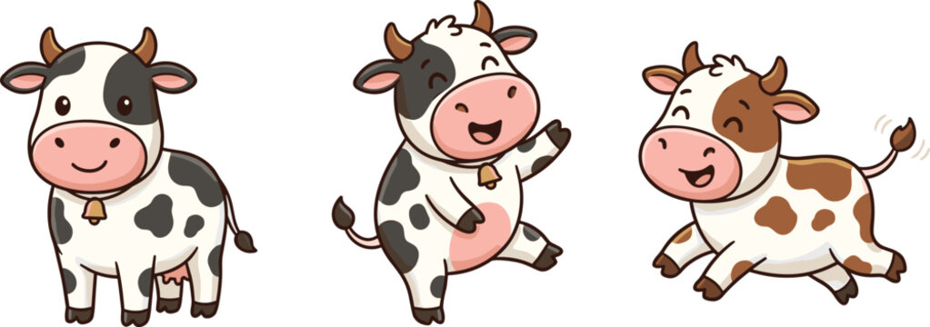 Cute cartoon cow character set with funny farm animal calf standing dancing happily and running isolated on white background vector illustration collection