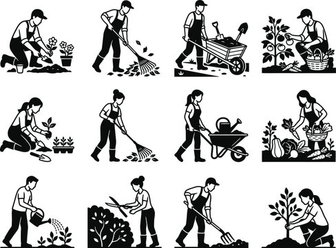 Country Farmers & Gardeners &ndash; Editable Vector Silhouette Set of Florists, Growers, and Rural People