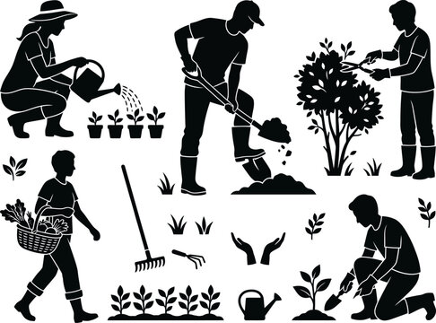 Country Farmers & Gardeners &ndash; Editable Vector Silhouette Set of Florists, Growers, and Rural People