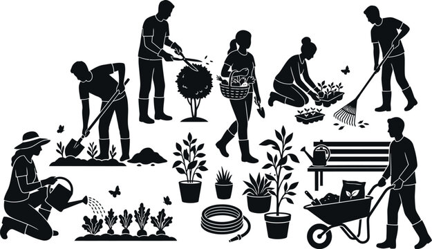 Country Farmers & Gardeners &ndash; Editable Vector Silhouette Set of Florists, Growers, and Rural People