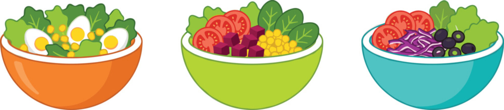 Cute cartoon healthy fresh salad bowls set with organic vegetables lettuce tomato sliced egg corn olives and cabbage isolated on white background vector illustration