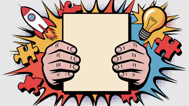Pop art style illustration of hands holding a blank sign with rocket, light bulb, and puzzle pieces