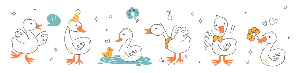Cute geese character. Funny cartoon bird mascot emotions. Horizontal vector set of white flat simple ducks in doodle style. Exclamation, birthday, duckling, calm, greeting. Geometric kid style  © Oksana Kabanchuk