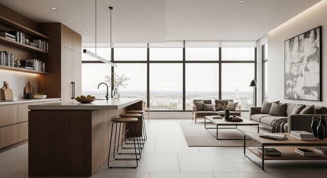 Luxury high rise apartment interior with open plan kitchen and living area showcasing modern design and city views