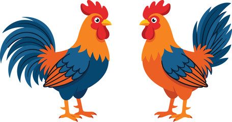 Cute cartoon rooster character set with colorful farm birds standing in profile view facing each other isolated on white background vector illustration © MdMahfizur