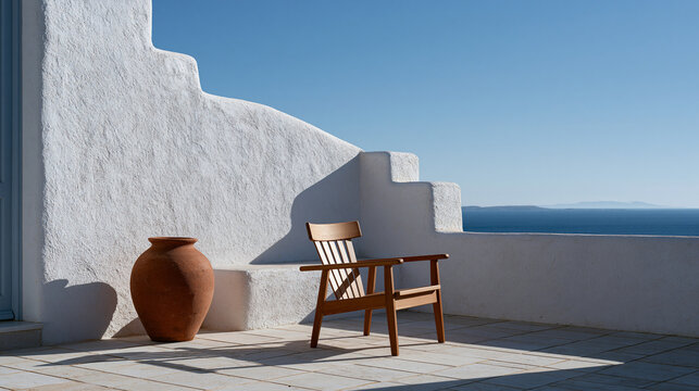 Harsh midday sun casts hard geometric shadows across a whitewashed Mediterranean rooftop terrace where a single wooden chair sits empty beside a terracotta pot, the stark contrast and minimal compos