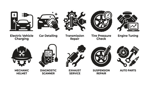 Automotive repair and maintenance service icons for car workshop and garage tools. Vector illustration