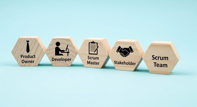 Wooden hexagonal blocks illustrating key roles and concepts within the Agile Scrum framework, including Product Owner, Developer, Scrum Master, Stakeholder, and Scrum Team, on a blue background.