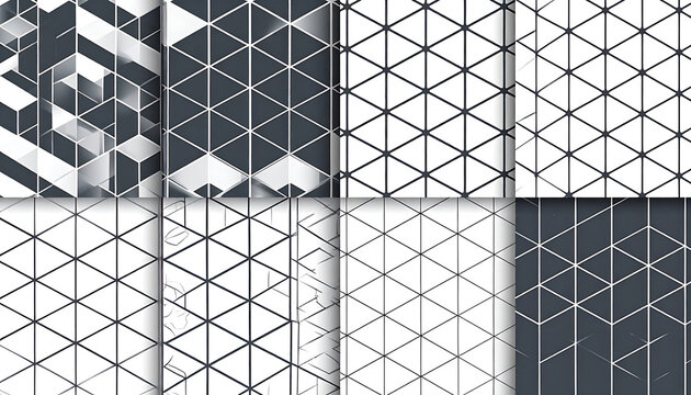 Geometric patterns and textures, diamond grid and abstract shapes, dark grey and white backgrounds, modern minimalist design