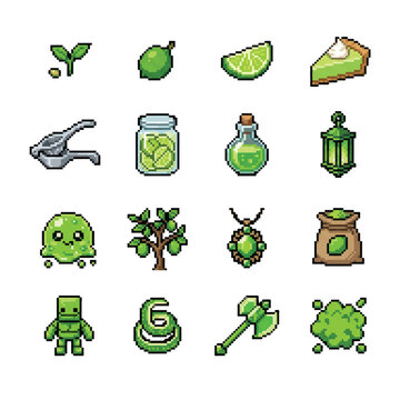 Green Pixel Art Icon Set Limes, Lush Plants, Potions, and Crafting Tools for Game Development and Digital Asset Creation